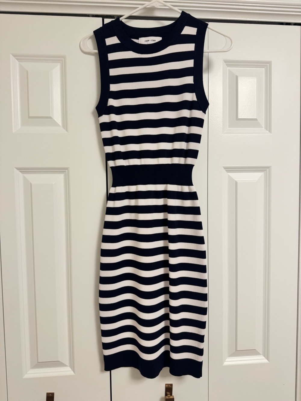 John + Jenn Sleeveless Navy and White Striped Midi Dress